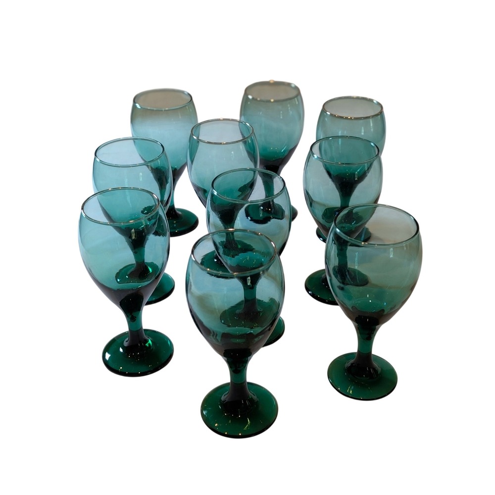 Vintage Libby Juniper Green Wine Goblets Set of 10 Glass Stemware Gold Rim READ